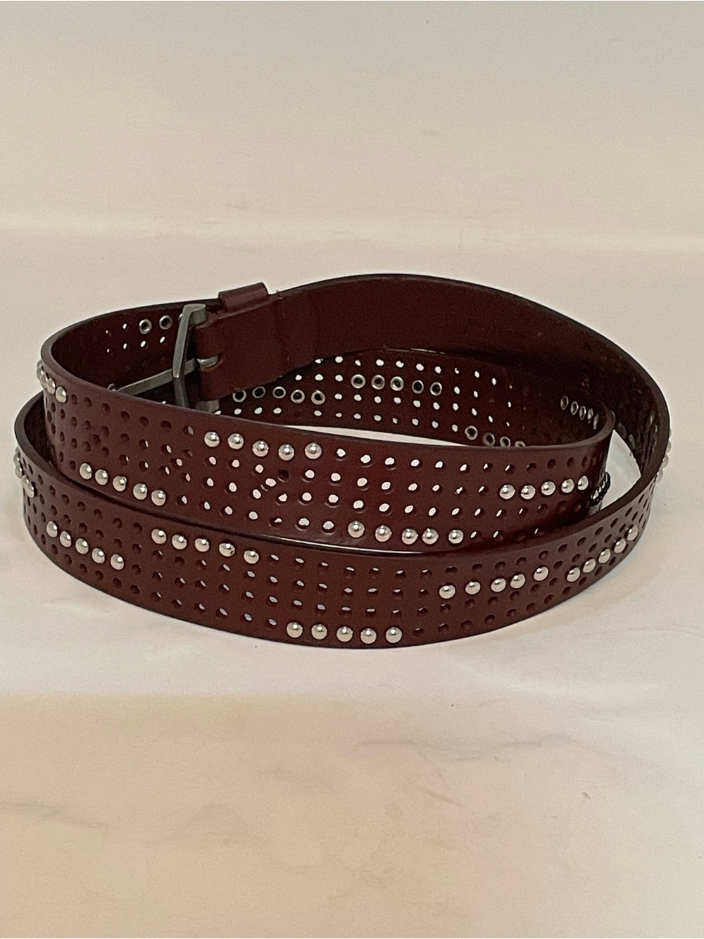 Studded Brown Leather Belt with Silver-Tone Accents